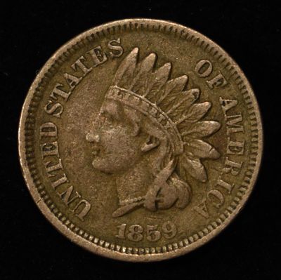 1859 INDIAN HEAD CENT VF. TOP RATED AUCTION HOUSE ESTIMATE $75 - $100.