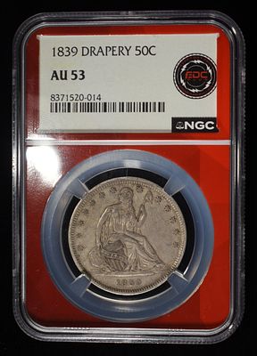 1839 DRAPERY SEATED LIBERTY HALF DOLLAR NGC AU-53. WEEKLY COIN & CURRENCY AUCTIONS ESTIMATE $900 