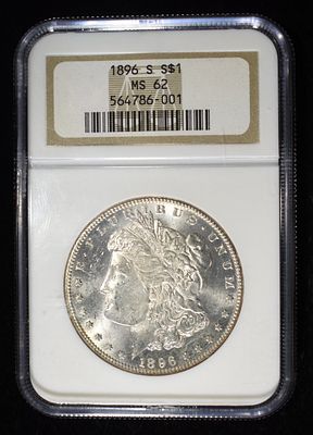 1896-S MORGAN DOLLAR NGC MS-62. LEADERS IN ON-LINE AUCTIONS ESTIMATE $4500 - $5000.
