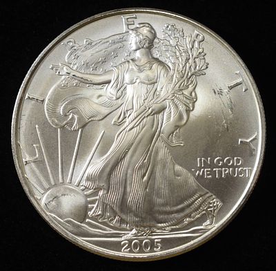 2005 AMERICAN SILVER EAGLE. LEADERS IN ON-LINE AUCTIONS ESTIMATE $100 - $150.