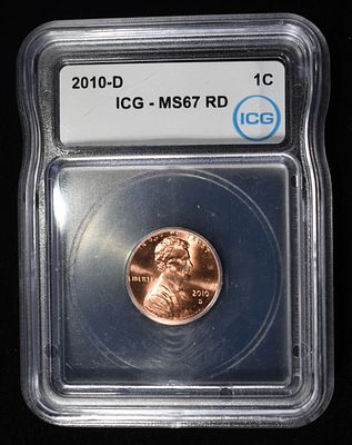 2010-D SHIELD CENT ICG MS67 RD. LEADERS IN ON-LINE AUCTIONS ESTIMATE $80 - $120.