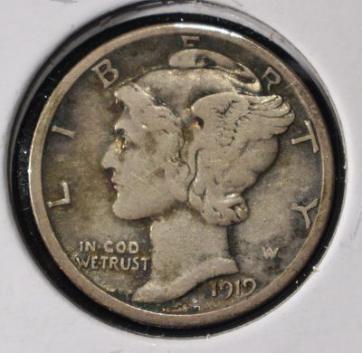 1919-D MERCURY DIME XF. CHECK OUT OUR UPCOMING AUCTIONS ESTIMATE $60 - $80.