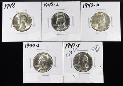 (5) 90% SILVER WASHINGTON QUARTERS GEM BU. LEADERS IN ON-LINE AUCTIONS ESTIMATE $220 - $270.