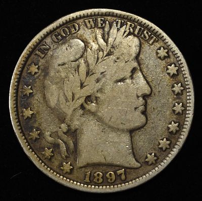1897 BARBER HALF DOLLAR VF. LEADERS IN ON-LINE AUCTIONS ESTIMATE $190 - $240.