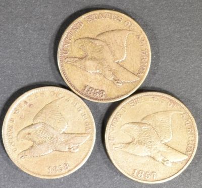 1857, 58 LL, 58 SL FLYING EAGLE CENTS VF. BID WITH SILVER CITY AUCTIONS ESTIMATE $150 - $200.