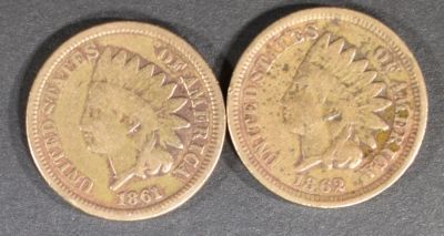 1861 & 1862 INDIAN CENTS FINE. TOP RATED AUCTION HOUSE ESTIMATE $60 - $75.