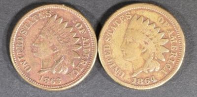 1863 VF & 1864 CN FINE INDIAN CENTS. WEEKLY COIN & CURRENCY AUCTIONS ESTIMATE $75 - $100.