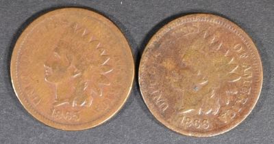 1865 FINE & 1866 VG INDIAN CENTS. LEADERS IN ON-LINE AUCTIONS ESTIMATE $100 - $130.
