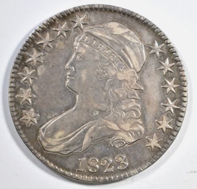 1823 BUST HALF DOLLAR AU. LEADERS IN ON-LINE AUCTIONS ESTIMATE $500 - $600.