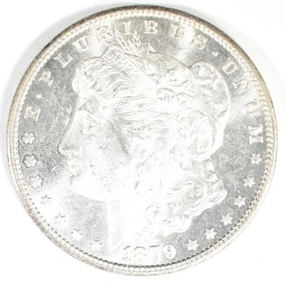 1879-S MORGAN DOLLAR CH/GEM BU. WEEKLY COIN & CURRENCY AUCTIONS ESTIMATE $150 - $200.