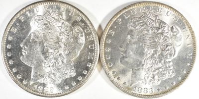 1882-S & 1883-O MORGAN DOLLARS CH BU. BID WITH SILVER CITY AUCTIONS ESTIMATE $150 - $200.