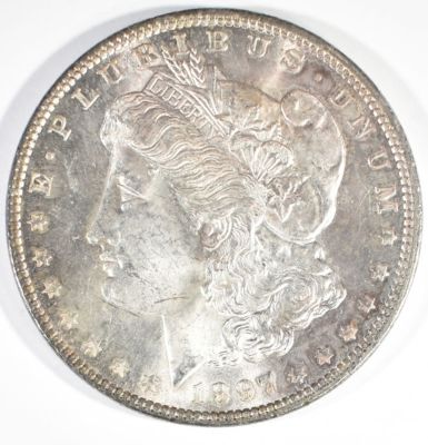 1897 MORGAN DOLLAR CH AU. WEEKLY COIN & CURRENCY AUCTIONS ESTIMATE $75 - $100.