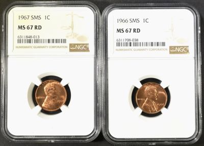 1966 & 67 SMS LINCOLN CENTS NGC MS-67 RD. LEADERS IN ON-LINE AUCTIONS ESTIMATE $60 - $80.