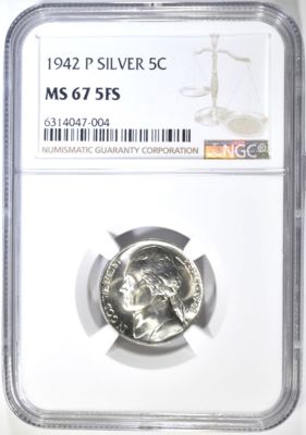 1942-P SILVER JEFFERSON NICKEL NGC MS-67 5FS. FULL STEPS. VERY LOW POPULATION, NONE FINER IN 