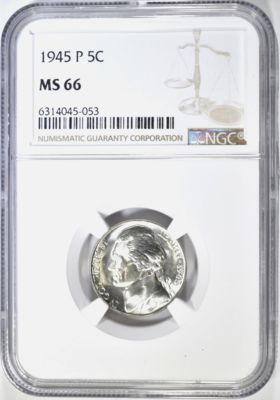 1945-P SILVER JEFFERSON NICKEL NGC MS-66. BID WITH SILVER CITY AUCTIONS ESTIMATE $100 - $120.