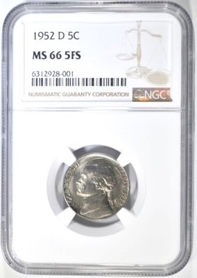 1952-D JEFFERSON NICKEL NGC MS-65 5FS. BID WITH SILVER CITY AUCTIONS ESTIMATE $500 - $600.