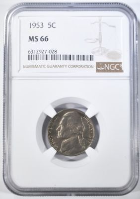 1953 JEFFERSON NICKEL NGC MS-66. TOP RATED AUCTION HOUSE ESTIMATE $80 - $100.