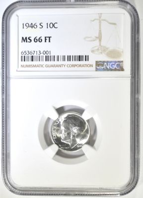 1946-S ROOSEVELT DIME NGC MS-66 FT. TOP RATED AUCTION HOUSE ESTIMATE $75 - $100.