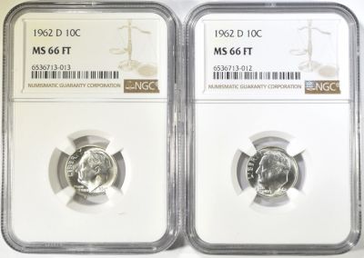 2 1962-D ROOSEVELT DIMES NGC MS-66 FT. BID WITH SILVER CITY AUCTIONS ESTIMATE $75 - $100.