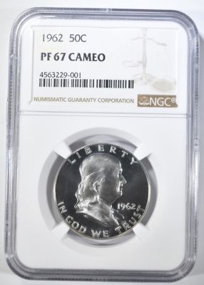 1962 FRANKLIN HALF DOLLAR NGC PF-67 CAMEO. WEEKLY COIN & CURRENCY AUCTIONS ESTIMATE $60 - $80.