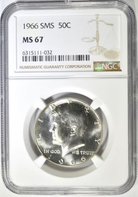 1966 SMS KENNEDY HALF DOLLAR NGC MS-67. TOP RATED AUCTION HOUSE ESTIMATE $75 - $100.