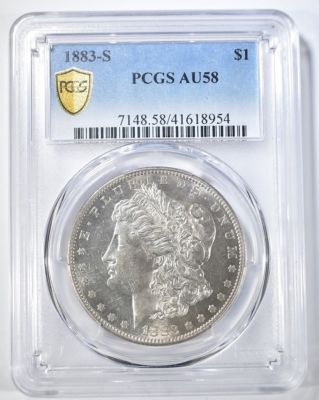 1883-S MORGAN DOLLAR PCGS AU-58 LOOKS BU. BID WITH SILVER CITY AUCTIONS ESTIMATE $900 - $1000.