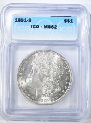 1891-S MORGAN DOLLAR ICG MS-62. CHECK OUT OUR UPCOMING AUCTIONS ESTIMATE $200 - $250.