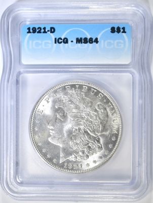 1921-D MORGAN DOLLAR ICG MS-64. BID WITH SILVER CITY AUCTIONS ESTIMATE $300 - $350.
