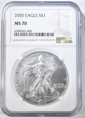 2005 AMERICAN SILVER EAGLE NGC MS-70. TOP RATED AUCTION HOUSE ESTIMATE $100 - $125.