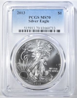 2013 AMERICAN SILVER EAGLE PCGS MS-70. LEADERS IN ON-LINE AUCTIONS ESTIMATE $100 - $125.