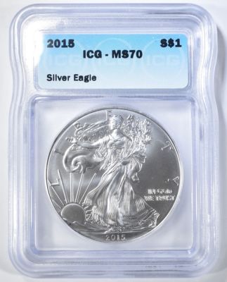 2015 SILVER EAGLE ICG MS-70. WEEKLY COIN & CURRENCY AUCTIONS ESTIMATE $75 - $100.