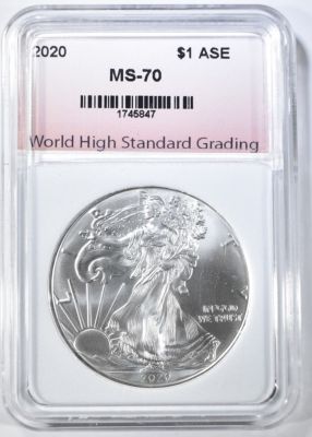 2020 AM. SILVER EAGLE, WHSG PERFECT GEM BU. CHECK OUT OUR UPCOMING AUCTIONS ESTIMATE $100 - $130.