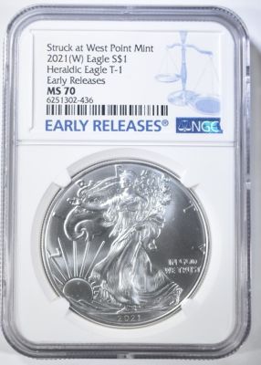 2021-(W) T-1 SILVER EAGLE NGC MS-70 EARLY RELEASES. TOP RATED AUCTION HOUSE ESTIMATE $110 - $130.