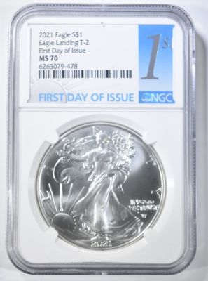 2021 T-2 SILVER EAGLE NGC MS-70 FIRST DAY ISSUE. CHECK OUT OUR UPCOMING AUCTIONS ESTIMATE $150 - 