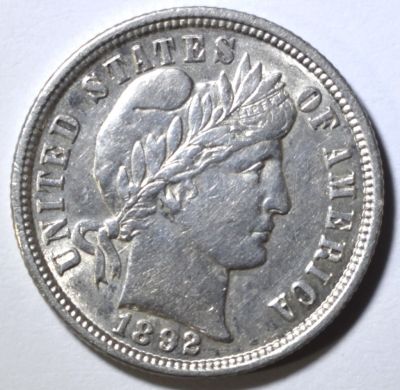 1892 BARBER DIME AU. TOP RATED AUCTION HOUSE ESTIMATE $75 - $100.