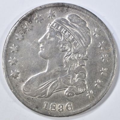 1836 BUST HALF DOLLAR XF. LEADERS IN ON-LINE AUCTIONS ESTIMATE $130 - $150.