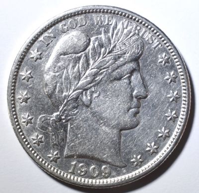 1909-S BARBER HALF DOLLAR AU. LEADERS IN ON-LINE AUCTIONS ESTIMATE $450 - $500.