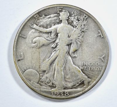 1938-D WALKING LIBERTY HALF DOLLAR, F/VF. YOUR #1 SOURCE FOR RARE COIN & CURRENCY ESTIMATE $80 - 