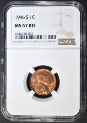 1946-S LINCOLN CENT NGC MS-67 RD. WEEKLY COIN & CURRENCY AUCTIONS ESTIMATE $250 - $300.