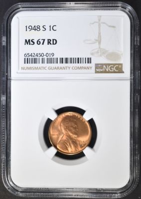 1948-S LINCOLN CENT NGC MS-67 RD. WEEKLY COIN & CURRENCY AUCTIONS ESTIMATE $150 - $200.