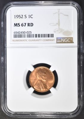 1952-S LINCOLN CENT NGC MS-67 RD. TOP RATED AUCTION HOUSE ESTIMATE $200 - $250.