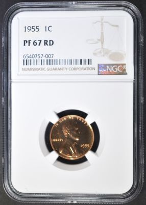 1955 LINCOLN CENT NGC PF-67 RD. BID WITH SILVER CITY AUCTIONS ESTIMATE $100 - $130.