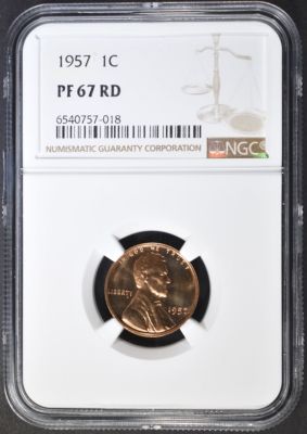 1957 LINCOLN CENT NGC PF-67 RD. BID WITH SILVER CITY AUCTIONS ESTIMATE $75 - $100.