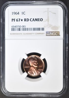 1964 LINCOLN CENT NGC PF-67* RD CAMEO. LEADERS IN ON-LINE AUCTIONS ESTIMATE $75 - $100.