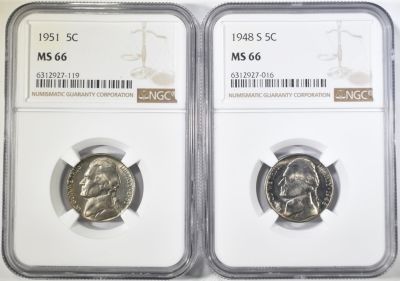 1948-S & 1951 JEFFERSON NICKELS NGC MS-66. BID WITH SILVER CITY AUCTIONS ESTIMATE $100 - $120.