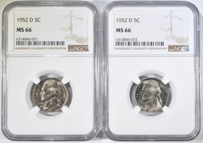 2 1952-D JEFFERSON NICKELS NGC MS-66. CHECK OUT OUR UPCOMING AUCTIONS ESTIMATE $100 - $120.