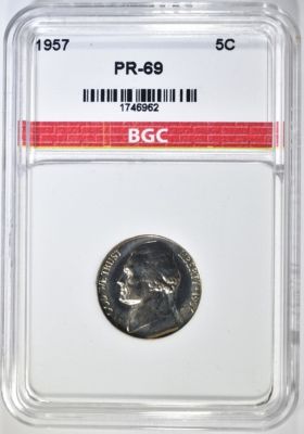 1957 JEFFERSON NICKEL BGC SUPERB GEM PR+. WEEKLY COIN & CURRENCY AUCTIONS ESTIMATE $400 - $500.