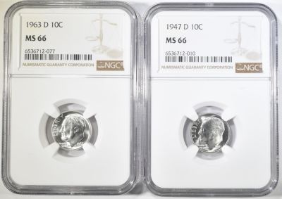 1947-D & 63-D ROOSEVELT DIMES NGC MS-66. TOP RATED AUCTION HOUSE ESTIMATE $75 - $100.