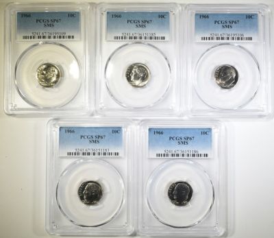 5-1966 SMS ROOSEVELT DIMES PCGS SP-67. BID WITH SILVER CITY AUCTIONS ESTIMATE $125 - $150.