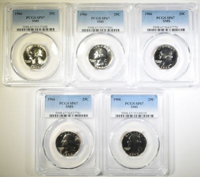 5-1966 SMS WASHINGTON QUARTERS PCGS SP-67. LEADERS IN ON-LINE AUCTIONS ESTIMATE $125 - $150.